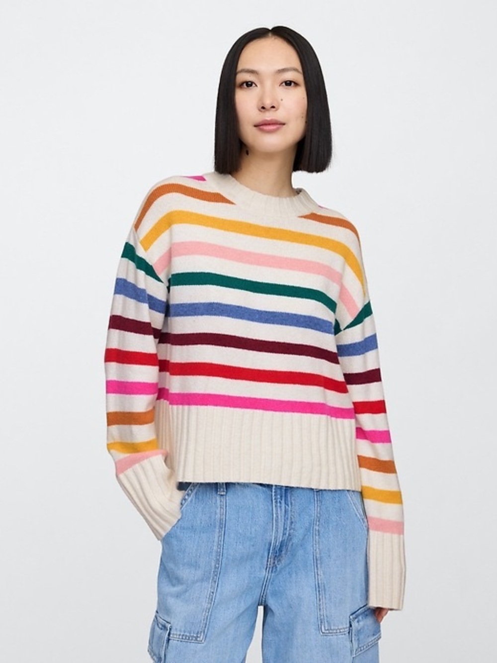 🆕 NWT Womens S Soft Relaxed Multicolored Striped Crewneck Sweater Cotton Blend